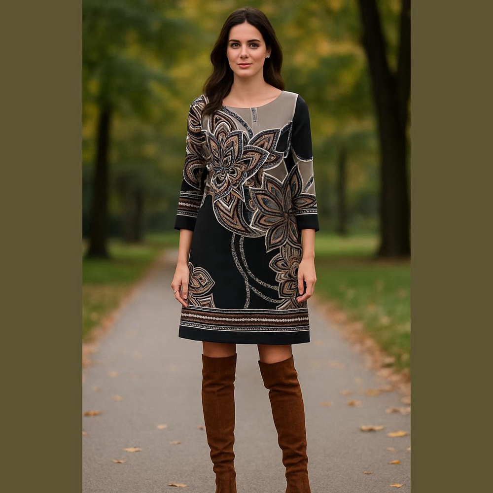 Glamour Dress Size 6 Black Brown Floral Print 3/4 Sleeve NWOT